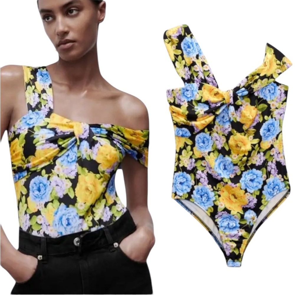 NEW Zara Floral Print Knotted Asymmetrical One Shoulder Bodysuit - M
